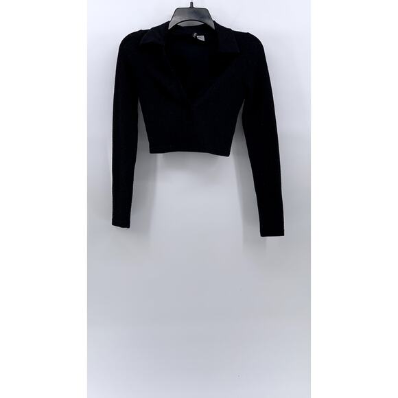DIVIDED By H&M Women's Black Ribbed Split-Neck Long Sleeve Cropped Polo Top SZXS - Picture 2 of 11